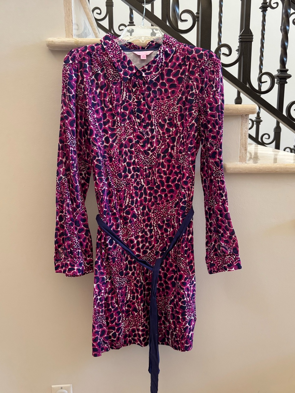 Lilly Pulitzer Purple and Pink Animal-Print Long-Sleeve Dress with Navy Tie